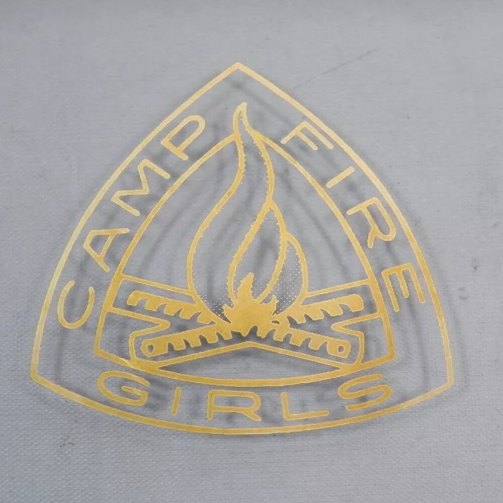Camp Fire Girls Plate Vintage Smoked Grey Glass Triangle Tray with Logo RARE